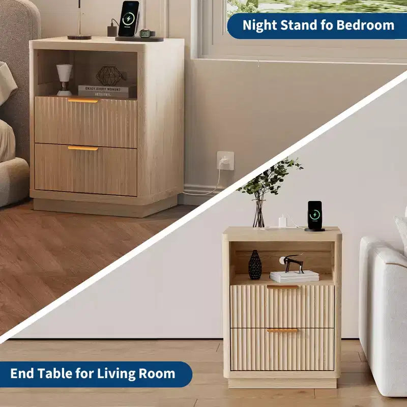 Mid Century Modern Fluted Nightstand with Charging Station, Wooden End Table with Curved Corners, Stylish Bedside Table for Bedroom