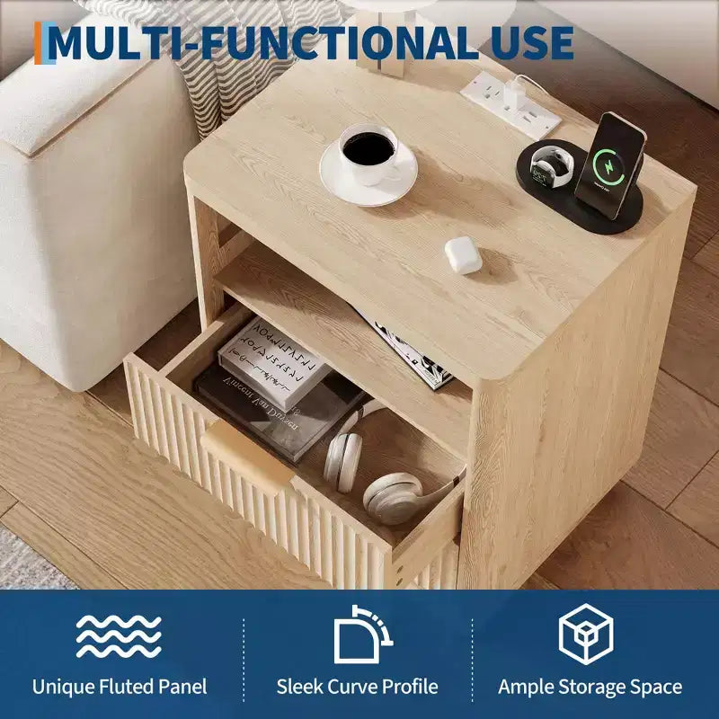 Mid Century Modern Fluted Nightstand with Charging Station, Wooden End Table with Curved Corners, Stylish Bedside Table for Bedroom