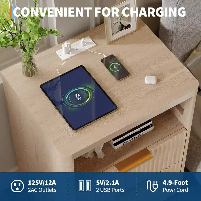 Mid Century Modern Fluted Nightstand with Charging Station, Wooden End Table with Curved Corners, Stylish Bedside Table for Bedroom