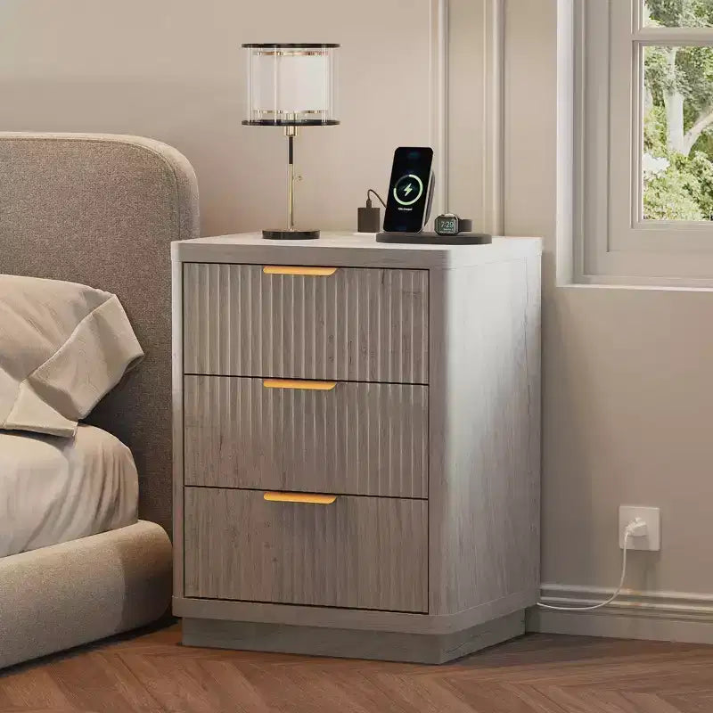 Mid Century Modern Fluted Nightstand with Charging Station, Wooden End Table with Curved Corners, Stylish Bedside Table for Bedroom