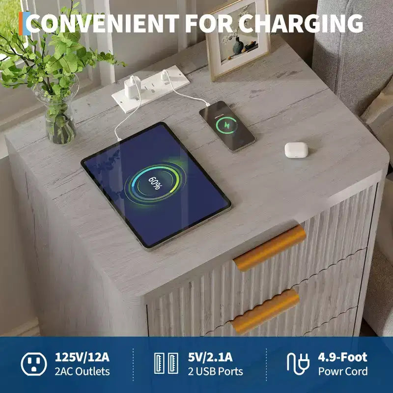 Mid Century Modern Fluted Nightstand with Charging Station, Wooden End Table with Curved Corners, Stylish Bedside Table for Bedroom