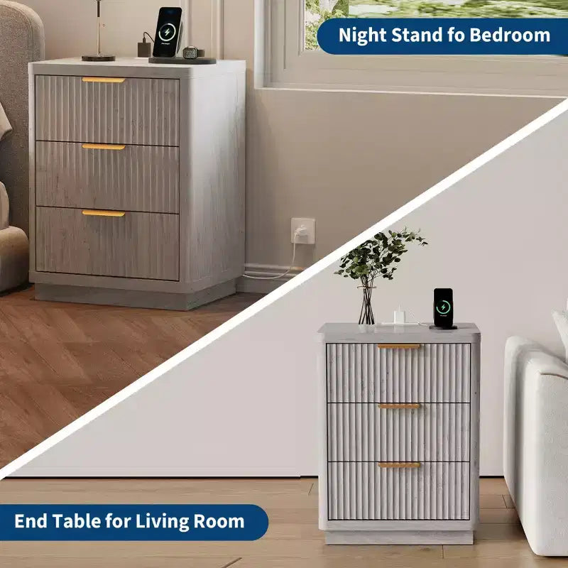 Mid Century Modern Fluted Nightstand with Charging Station, Wooden End Table with Curved Corners, Stylish Bedside Table for Bedroom