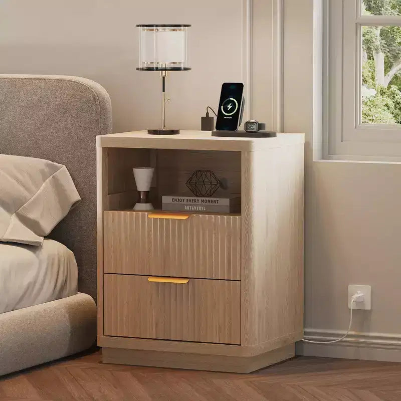 Mid Century Modern Fluted Nightstand with Charging Station, Wooden End Table with Curved Corners, Stylish Bedside Table for Bedroom