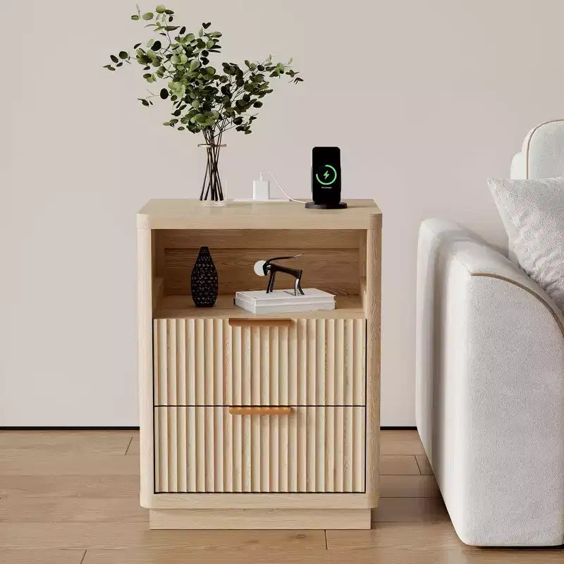 Mid Century Modern Fluted Nightstand with Charging Station, Wooden End Table with Curved Corners, Stylish Bedside Table for Bedroom
