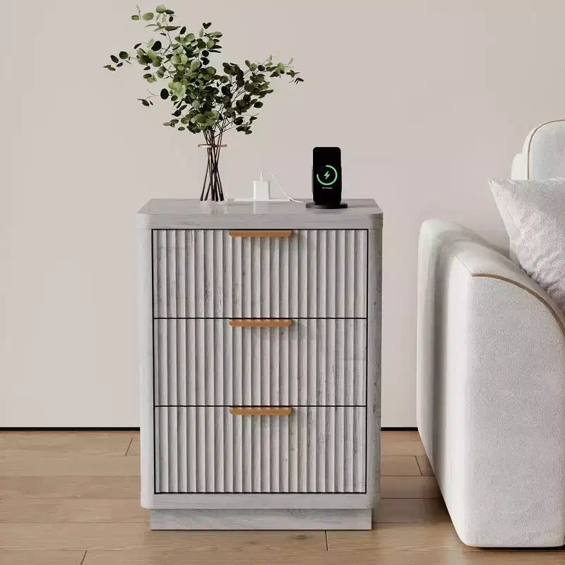 Mid Century Modern Fluted Nightstand with Charging Station, Wooden End Table with Curved Corners, Stylish Bedside Table for Bedroom