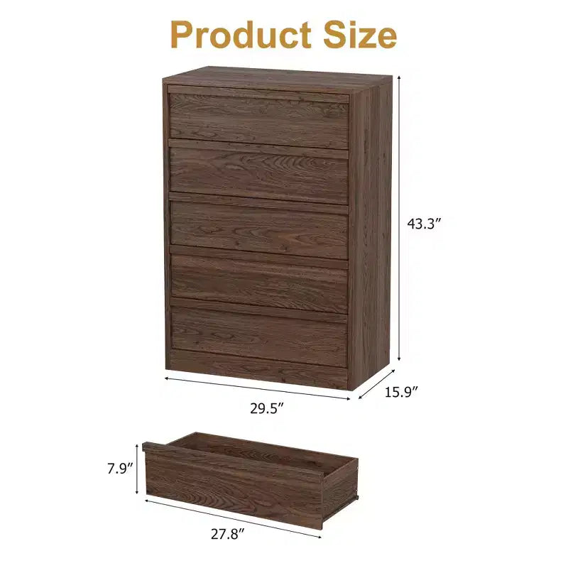Walnut 5 Drawer Dresser for Bedroom, Modern 5 Chest of Drawers with Handle-free Design, 43in Tall Closet Organizer for Bedroom, Living Room, Nursery