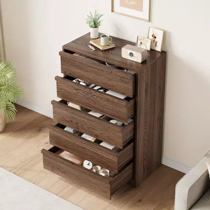 Walnut 5 Drawer Dresser for Bedroom, Modern 5 Chest of Drawers with Handle-free Design, 43in Tall Closet Organizer for Bedroom, Living Room, Nursery