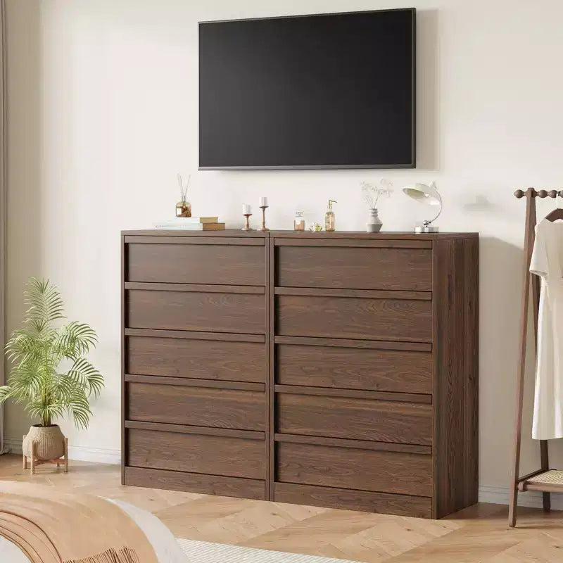 Walnut 5 Drawer Dresser for Bedroom, Modern 5 Chest of Drawers with Handle-free Design, 43in Tall Closet Organizer for Bedroom, Living Room, Nursery