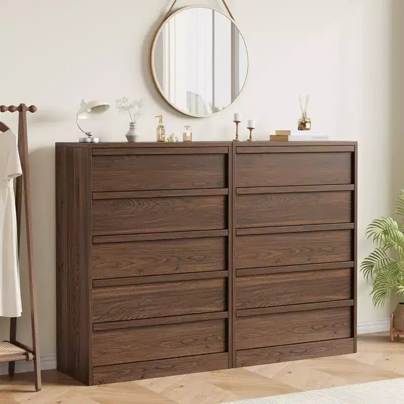 Walnut 5 Drawer Dresser for Bedroom, Modern 5 Chest of Drawers with Handle-free Design, 43in Tall Closet Organizer for Bedroom, Living Room, Nursery