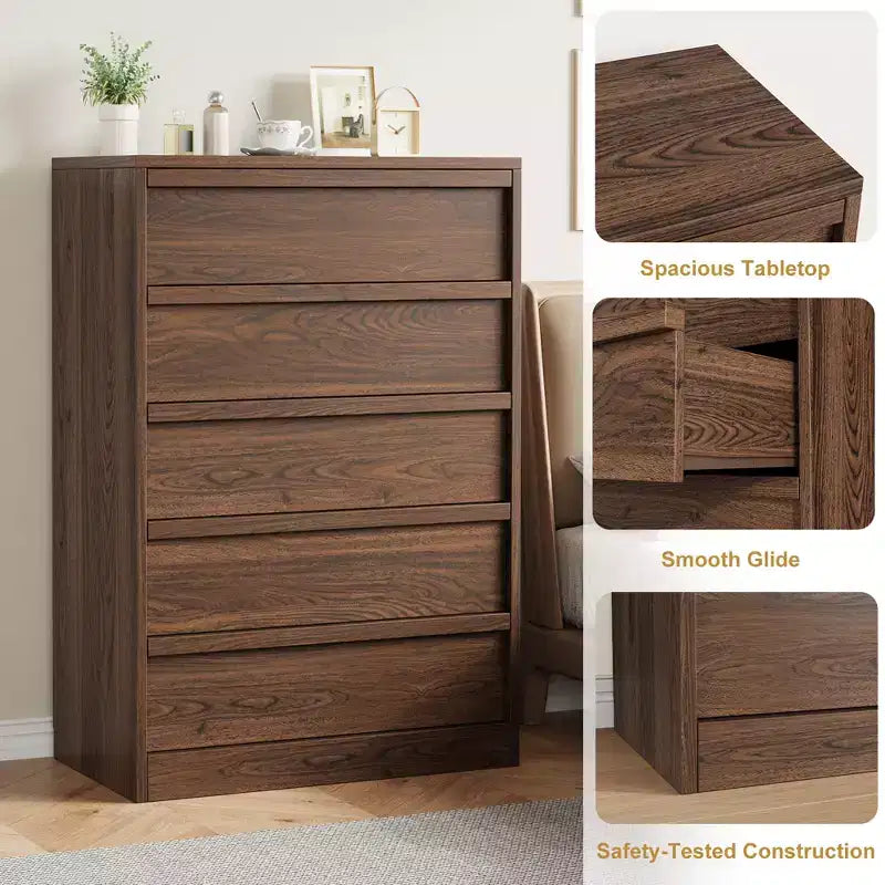 Walnut 5 Drawer Dresser for Bedroom, Modern 5 Chest of Drawers with Handle-free Design, 43in Tall Closet Organizer for Bedroom, Living Room, Nursery