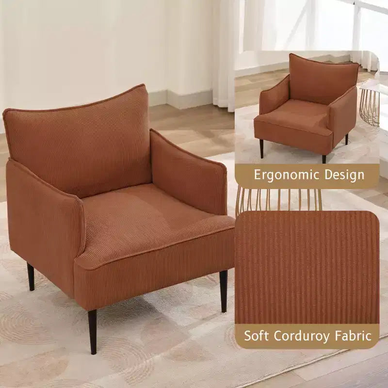 Single Armchair, Upholstered Linen Fabric Sofa Chair with Wide Ergonomic Armrests, Removable Cushions, Wood Frame & Metal Legs, Easy Assembly