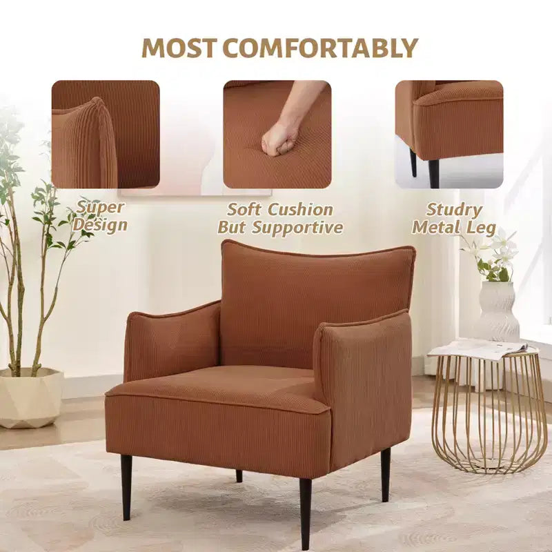 Single Armchair, Upholstered Linen Fabric Sofa Chair with Wide Ergonomic Armrests, Removable Cushions, Wood Frame & Metal Legs, Easy Assembly