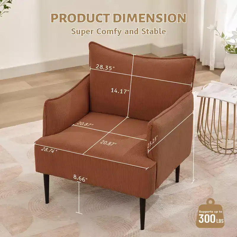 Single Armchair, Upholstered Linen Fabric Sofa Chair with Wide Ergonomic Armrests, Removable Cushions, Wood Frame & Metal Legs, Easy Assembly