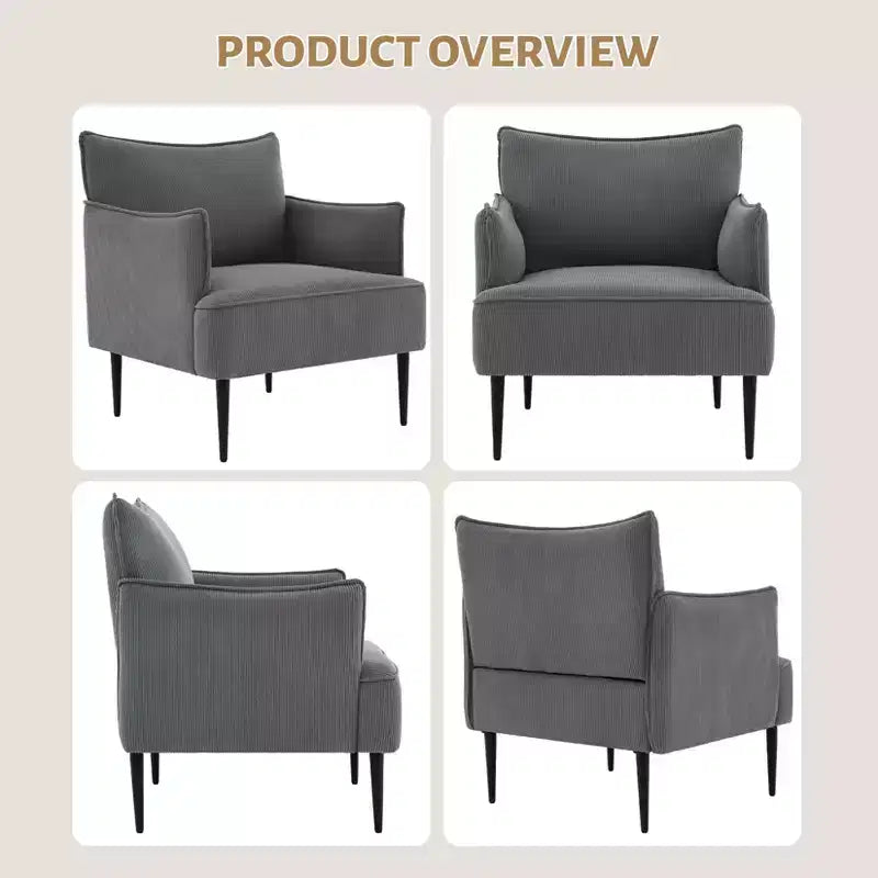 Single Armchair, Upholstered Linen Fabric Sofa Chair with Wide Ergonomic Armrests, Removable Cushions, Wood Frame & Metal Legs, Easy Assembly