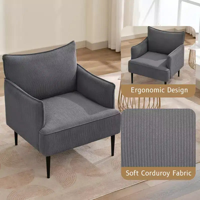 Single Armchair, Upholstered Linen Fabric Sofa Chair with Wide Ergonomic Armrests, Removable Cushions, Wood Frame & Metal Legs, Easy Assembly