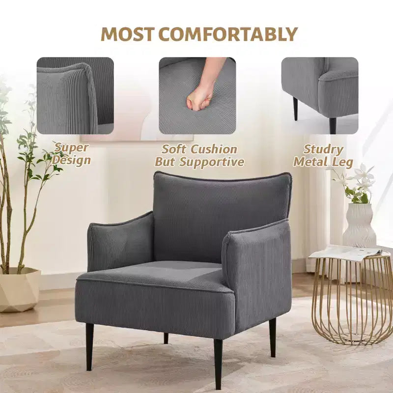 Single Armchair, Upholstered Linen Fabric Sofa Chair with Wide Ergonomic Armrests, Removable Cushions, Wood Frame & Metal Legs, Easy Assembly