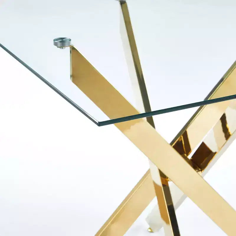 FurnitureR Modern Glass Dining Table with Tempered Glass Top and Gold Metal Base, Contemporary Kitchen Table for Dining Room Apartment Kitchen