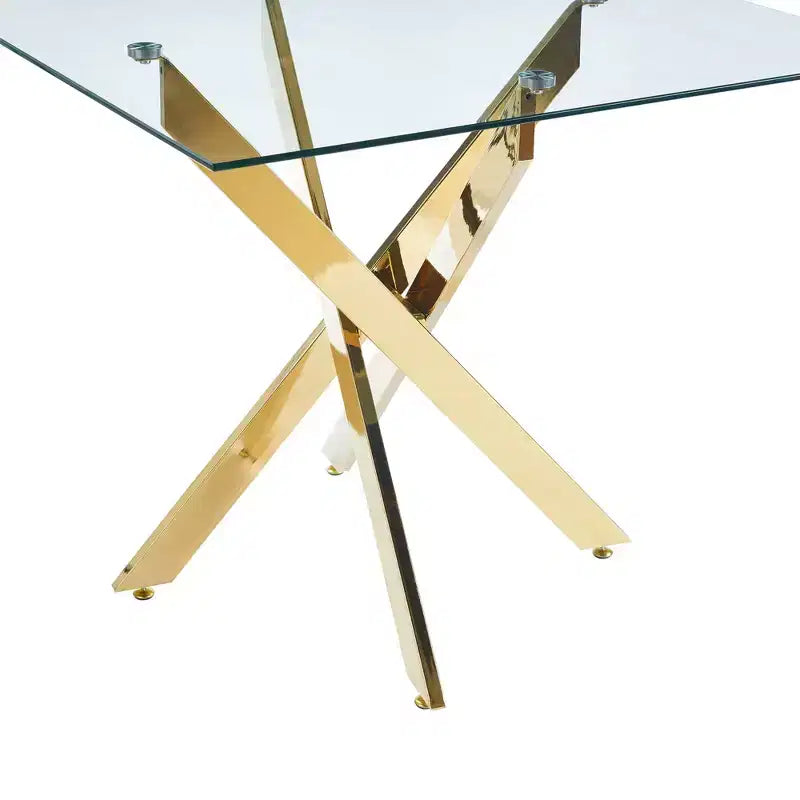 FurnitureR Modern Glass Dining Table with Tempered Glass Top and Gold Metal Base, Contemporary Kitchen Table for Dining Room Apartment Kitchen