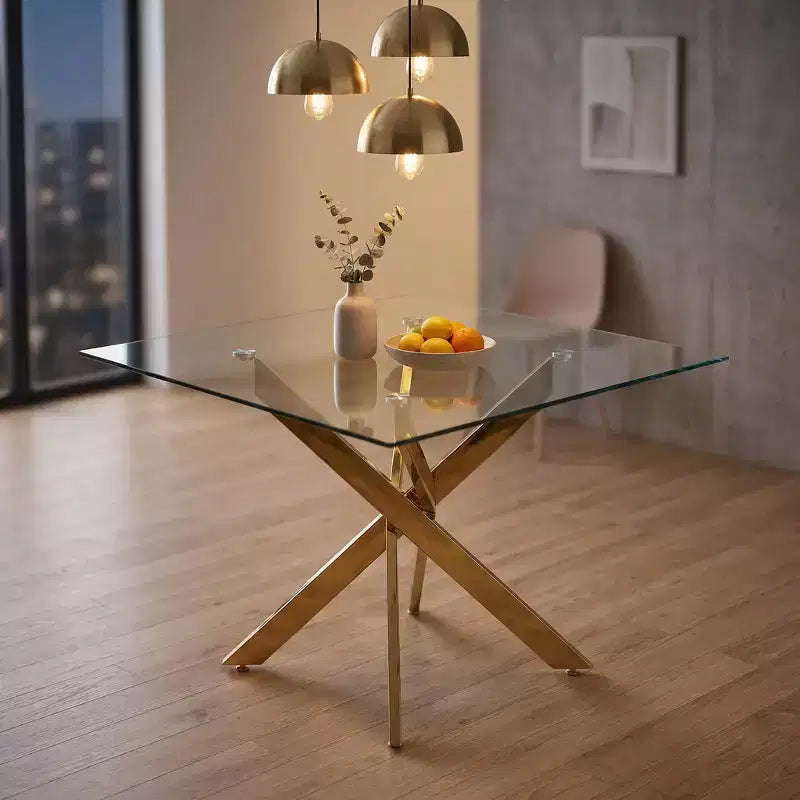 FurnitureR Modern Glass Dining Table with Tempered Glass Top and Gold Metal Base, Contemporary Kitchen Table for Dining Room Apartment Kitchen