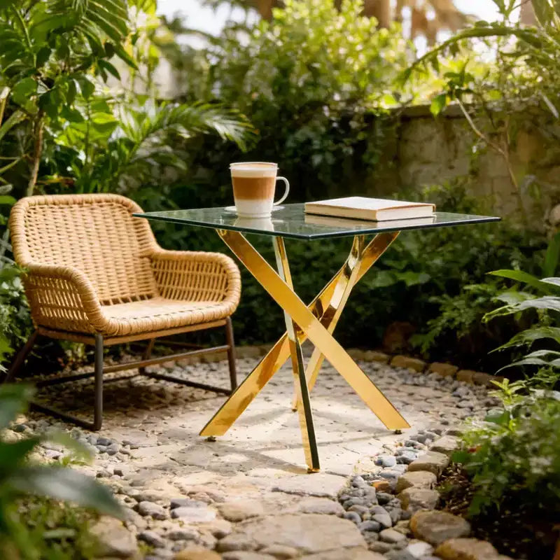 FurnitureR Modern Glass Dining Table with Tempered Glass Top and Gold Metal Base, Contemporary Kitchen Table for Dining Room Apartment Kitchen
