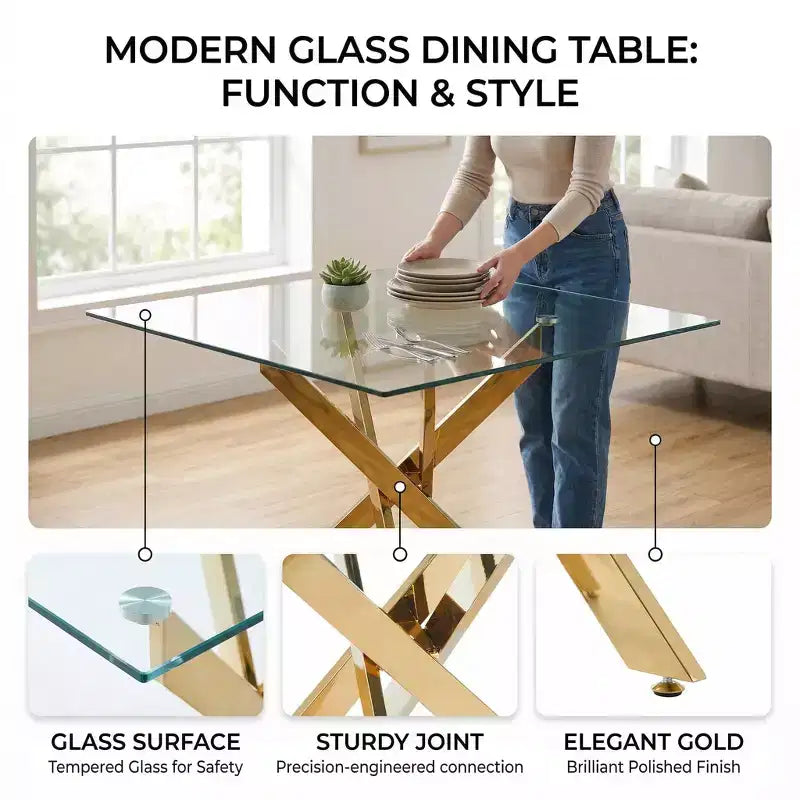 FurnitureR Modern Glass Dining Table with Tempered Glass Top and Gold Metal Base, Contemporary Kitchen Table for Dining Room Apartment Kitchen