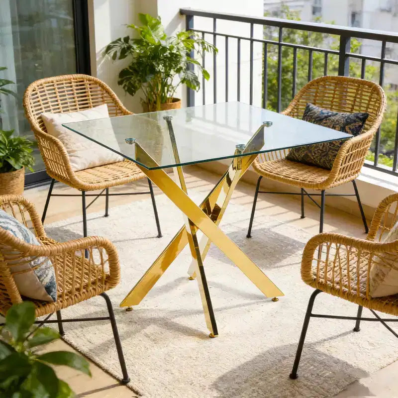 FurnitureR Modern Glass Dining Table with Tempered Glass Top and Gold Metal Base, Contemporary Kitchen Table for Dining Room Apartment Kitchen
