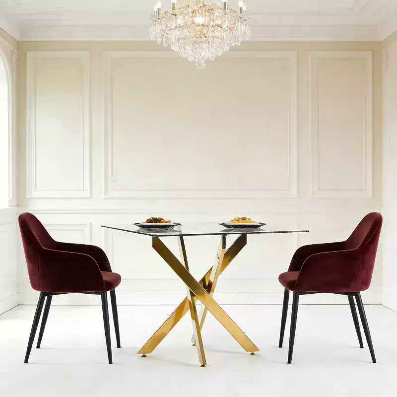 FurnitureR Modern Glass Dining Table with Tempered Glass Top and Gold Metal Base, Contemporary Kitchen Table for Dining Room Apartment Kitchen
