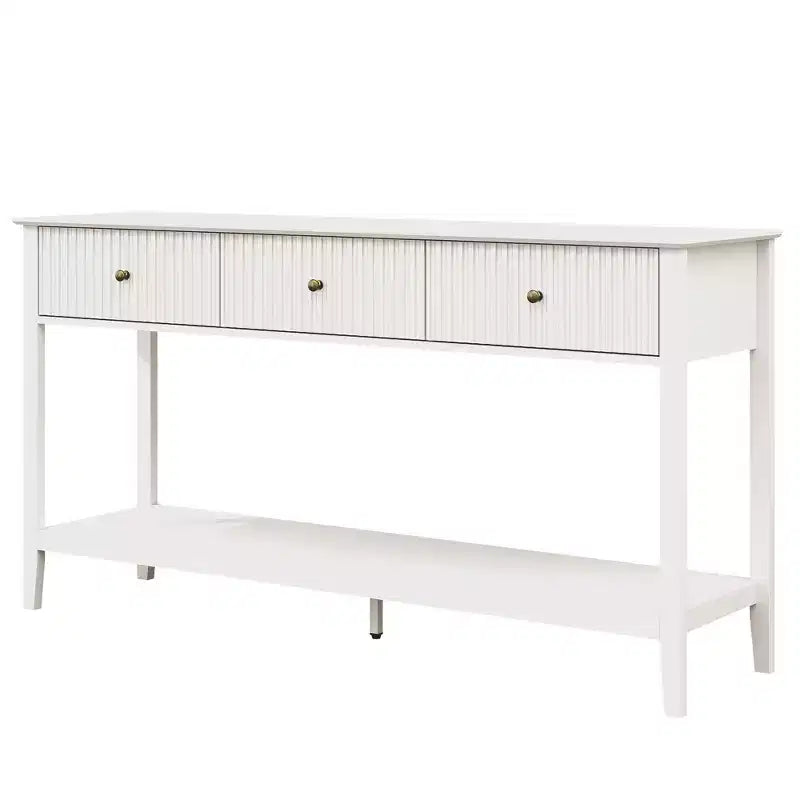 Fluted Console Table with 3 Drawers, Storage Shelf, White