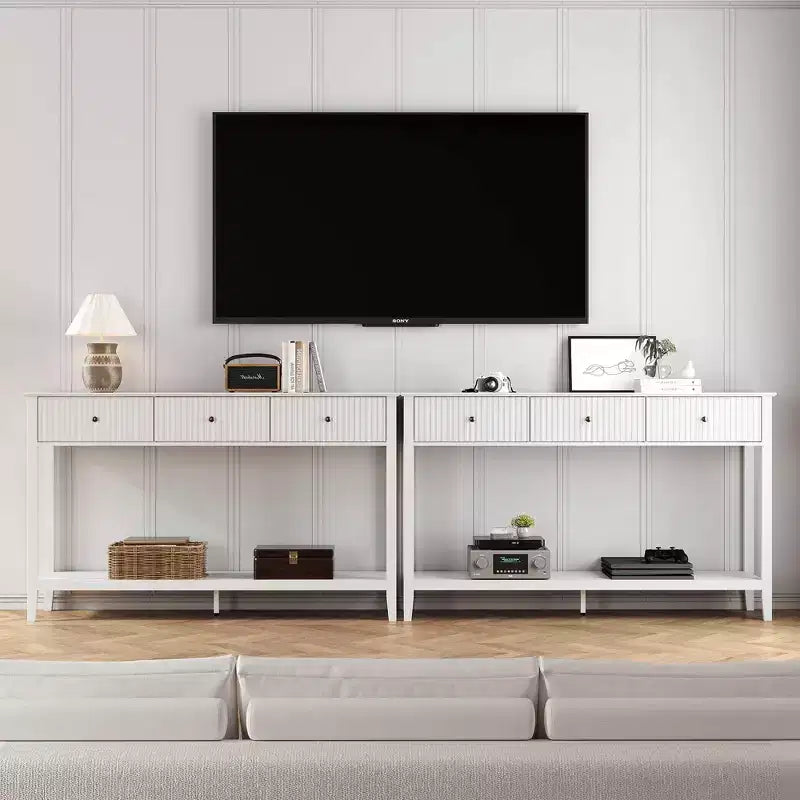 Fluted Console Table with 3 Drawers, Storage Shelf, White