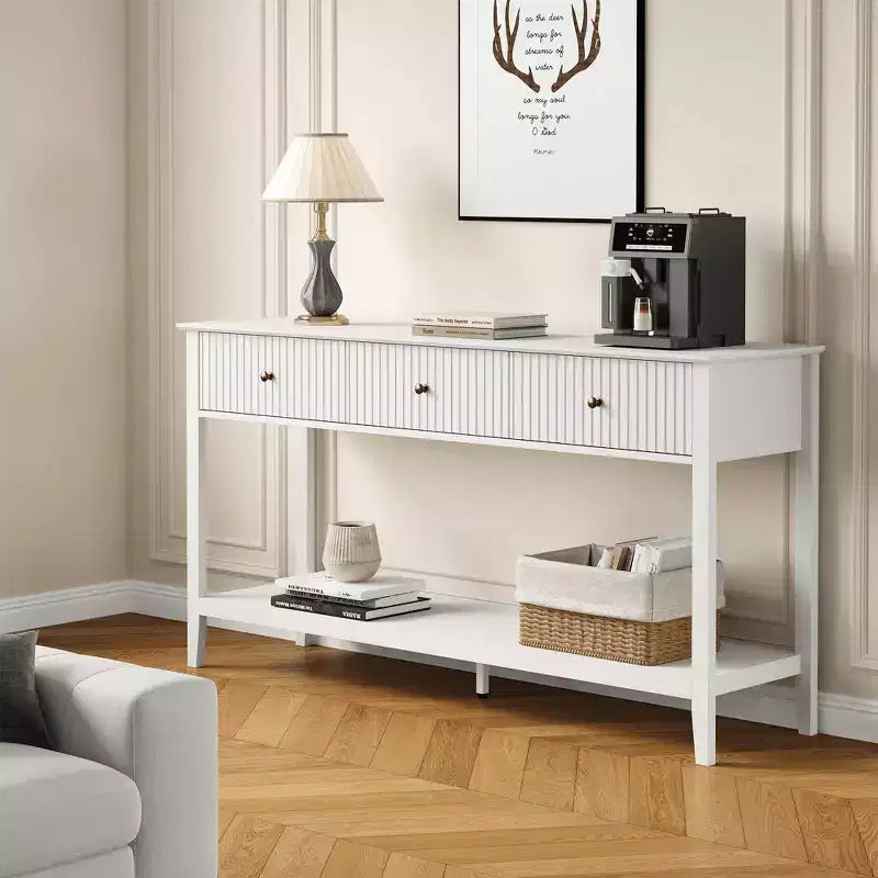 Fluted Console Table with 3 Drawers, Storage Shelf, White