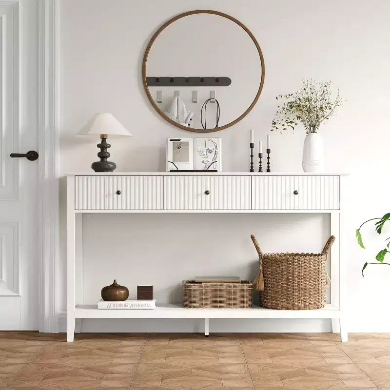 Fluted Console Table with 3 Drawers, Storage Shelf, White