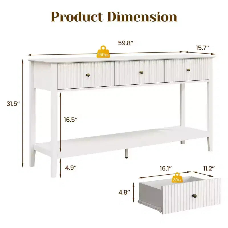 Fluted Console Table with 3 Drawers, Storage Shelf, White