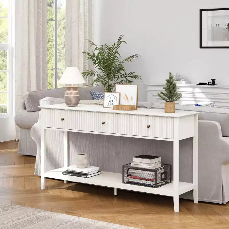 Fluted Console Table with 3 Drawers, Storage Shelf, White