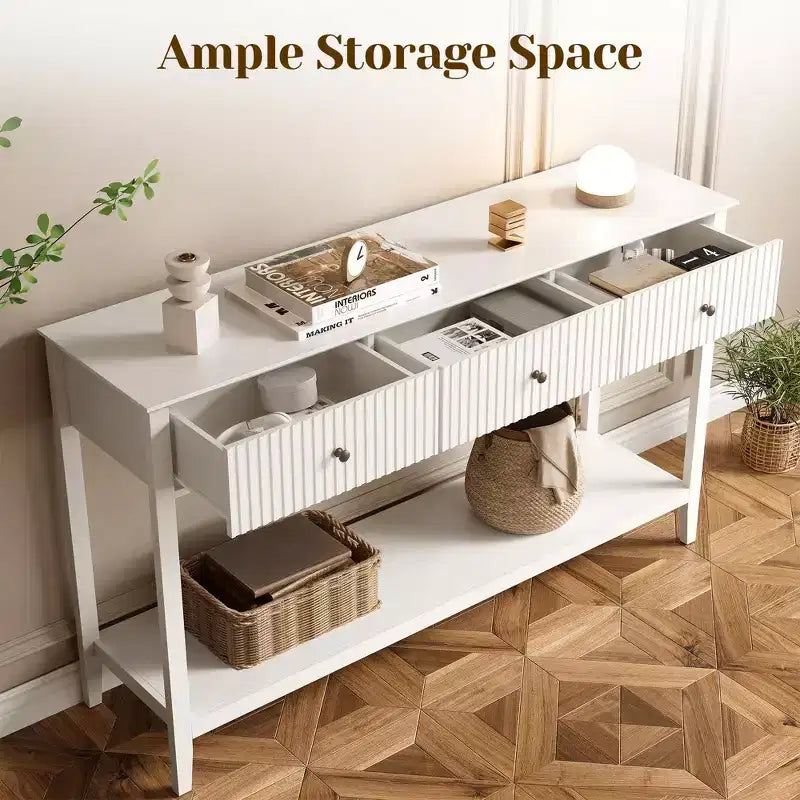 Fluted Console Table with 3 Drawers, Storage Shelf, White