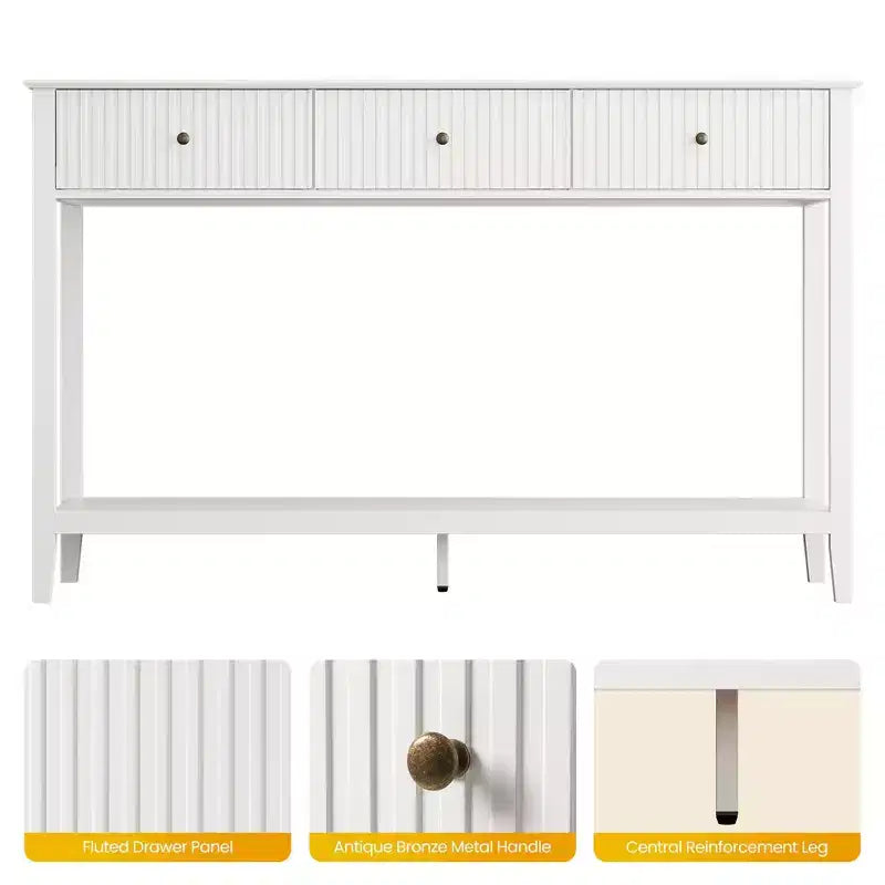 Fluted Console Table with 3 Drawers, Storage Shelf, White