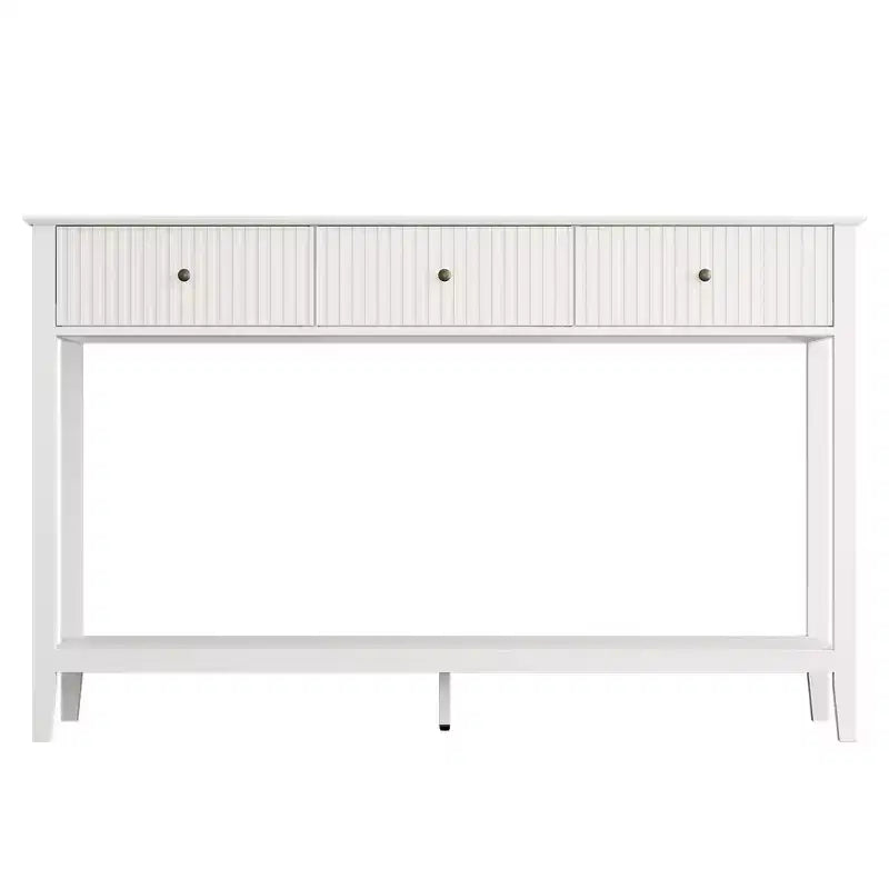 Fluted Console Table with 3 Drawers, Storage Shelf, White