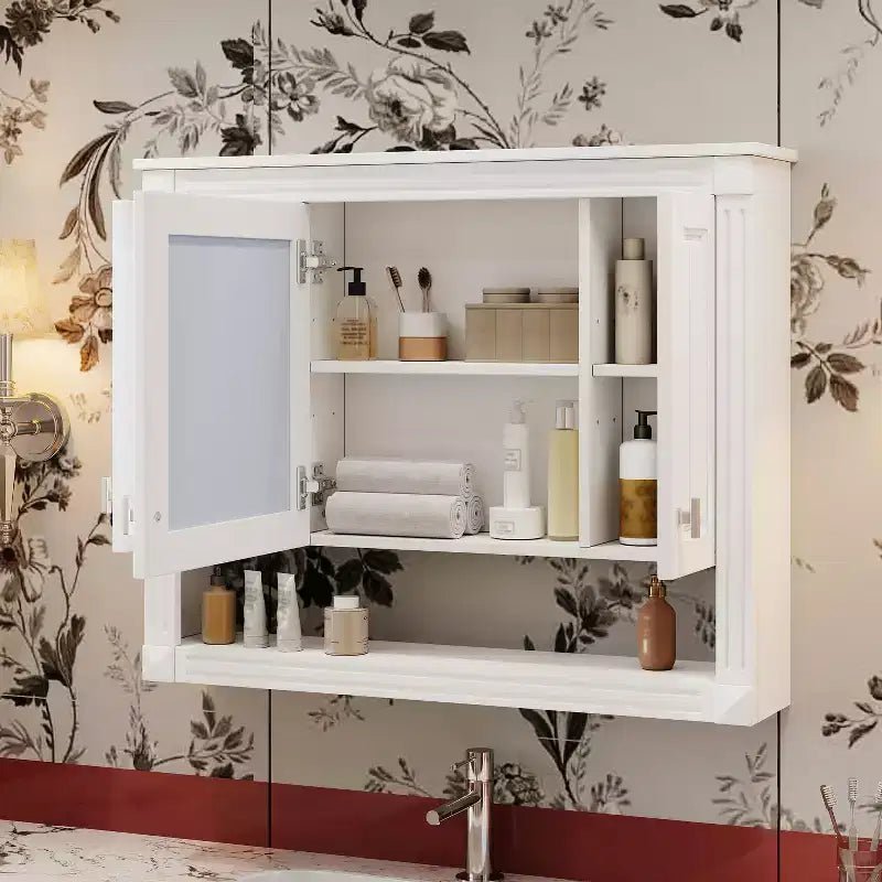 GDFStudio 35 Wall Mounted 3-Door Bathroom Medicine Cabinet with Mirror and Open Shelf