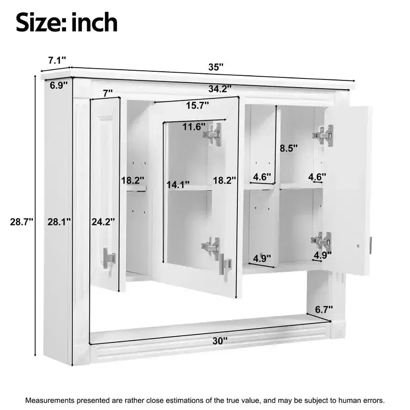 GDFStudio 35 Wall Mounted 3-Door Bathroom Medicine Cabinet with Mirror and Open Shelf