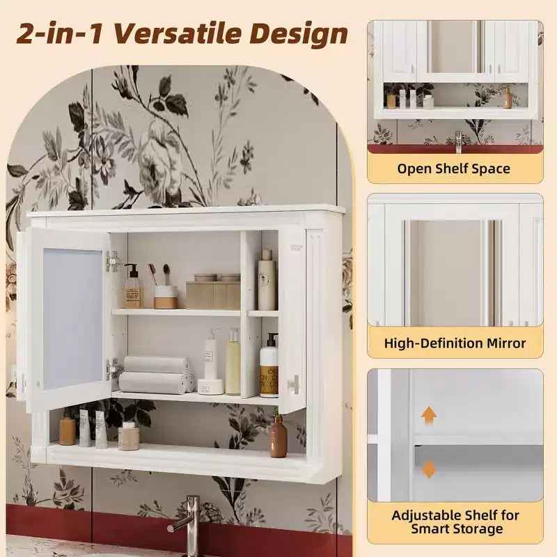 GDFStudio 35 Wall Mounted 3-Door Bathroom Medicine Cabinet with Mirror and Open Shelf