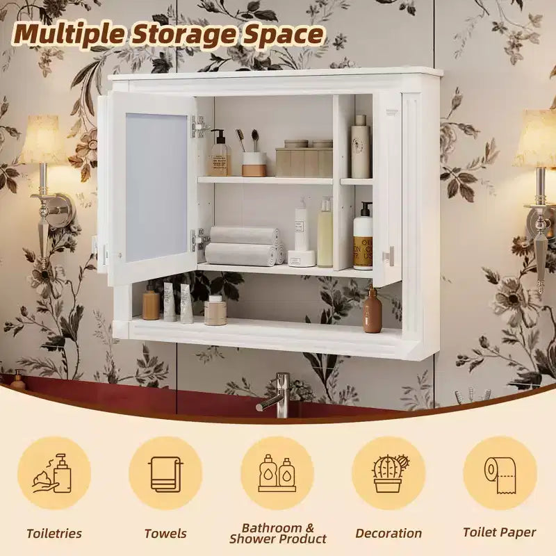 GDFStudio 35 Wall Mounted 3-Door Bathroom Medicine Cabinet with Mirror and Open Shelf