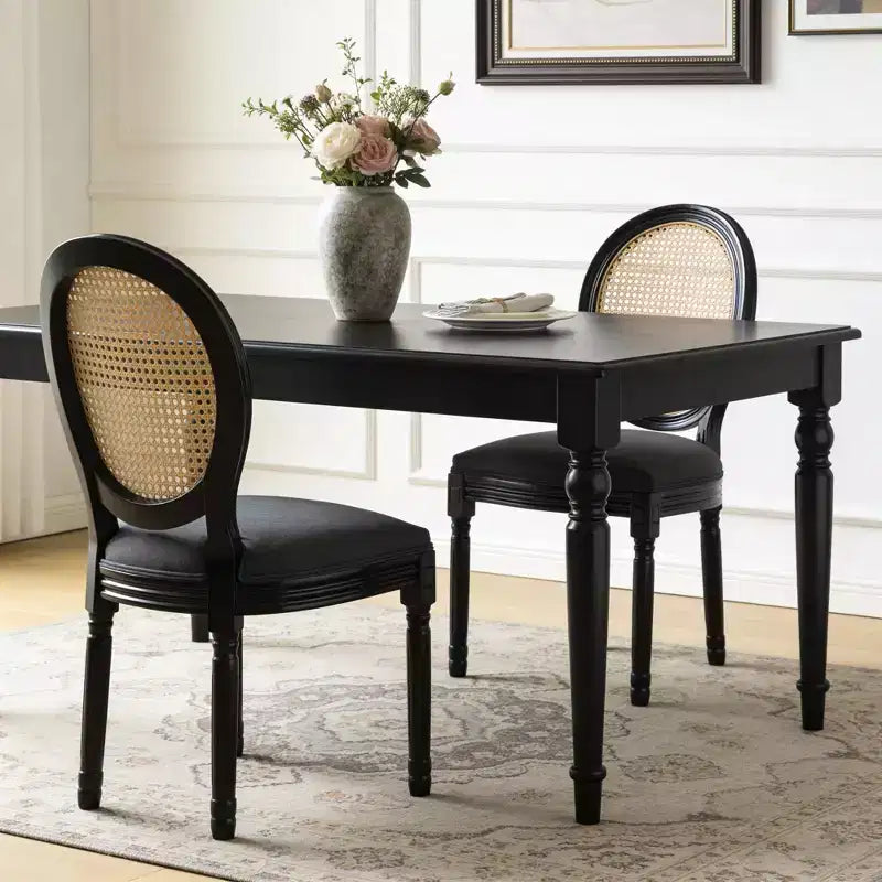 GDFStudio Bloor French Country Wood and Linen Upholstered Dining Chairs with Rattan Round Back, Set of 2