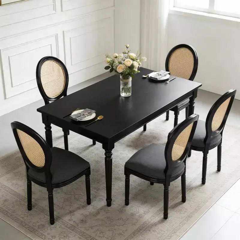 GDFStudio Bloor French Country Wood and Linen Upholstered Dining Chairs with Rattan Round Back, Set of 2