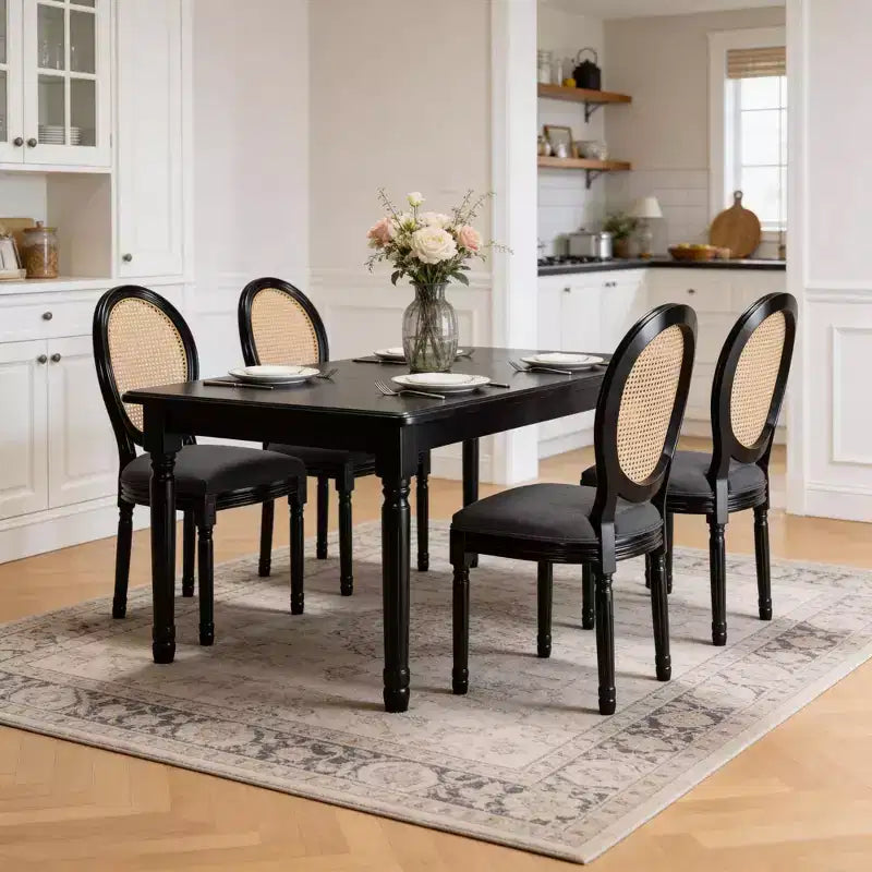 GDFStudio Bloor French Country Wood and Linen Upholstered Dining Chairs with Rattan Round Back, Set of 2