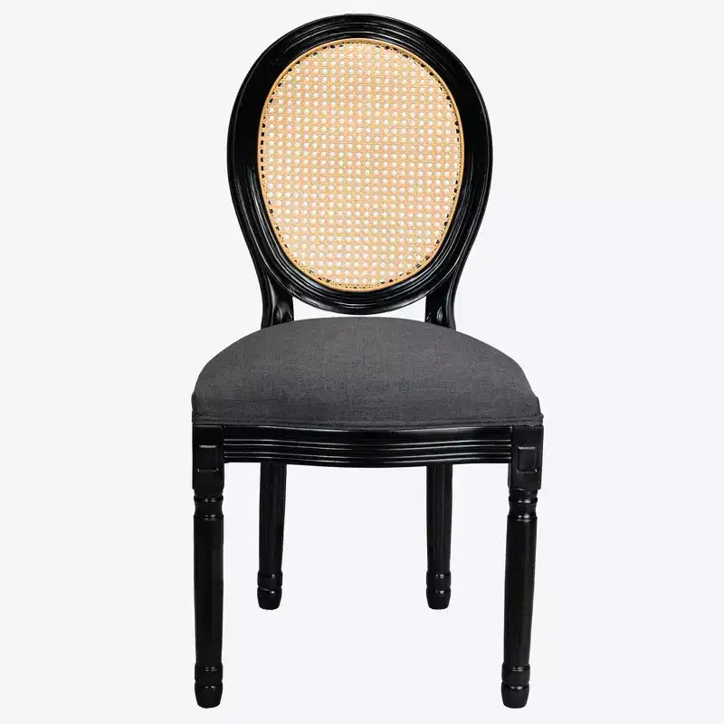 GDFStudio Bloor French Country Wood and Linen Upholstered Dining Chairs with Rattan Round Back, Set of 2