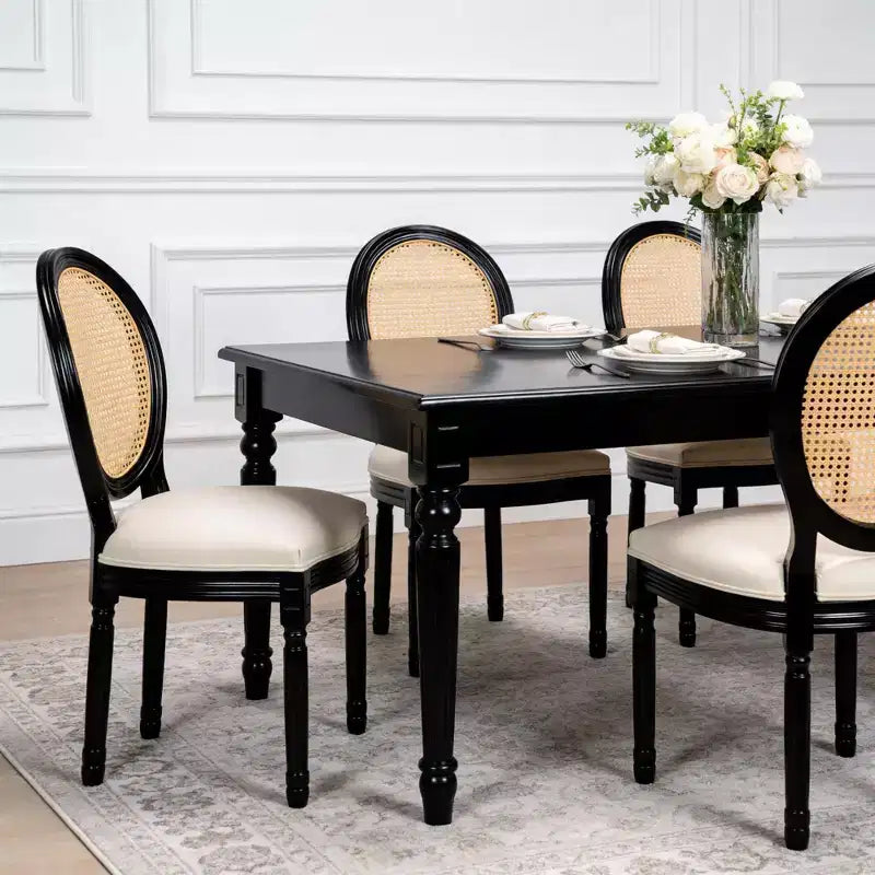 GDFStudio Bloor French Country Wood and Linen Upholstered Dining Chairs with Rattan Round Back, Set of 2