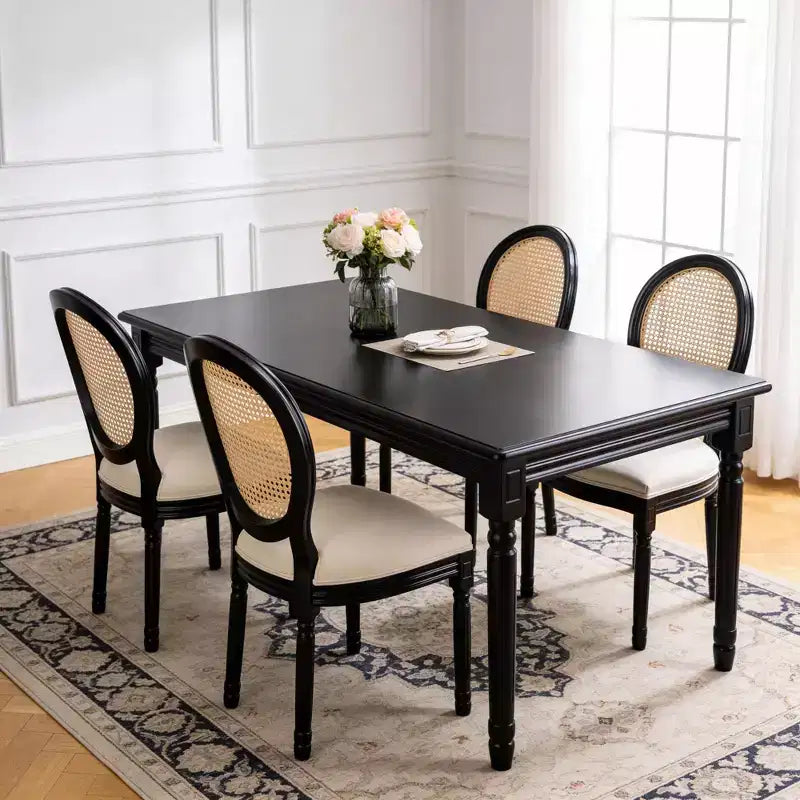 GDFStudio Bloor French Country Wood and Linen Upholstered Dining Chairs with Rattan Round Back, Set of 2