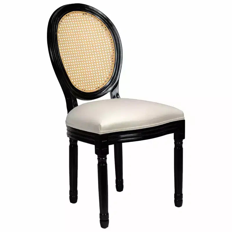 GDFStudio Bloor French Country Wood and Linen Upholstered Dining Chairs with Rattan Round Back, Set of 2