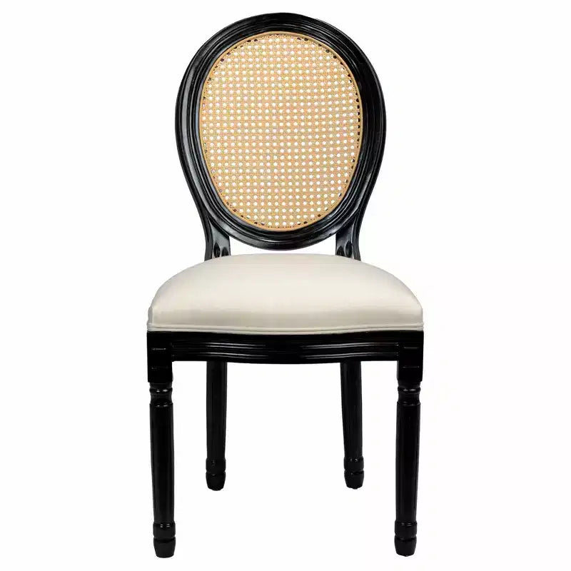 GDFStudio Bloor French Country Wood and Linen Upholstered Dining Chairs with Rattan Round Back, Set of 2