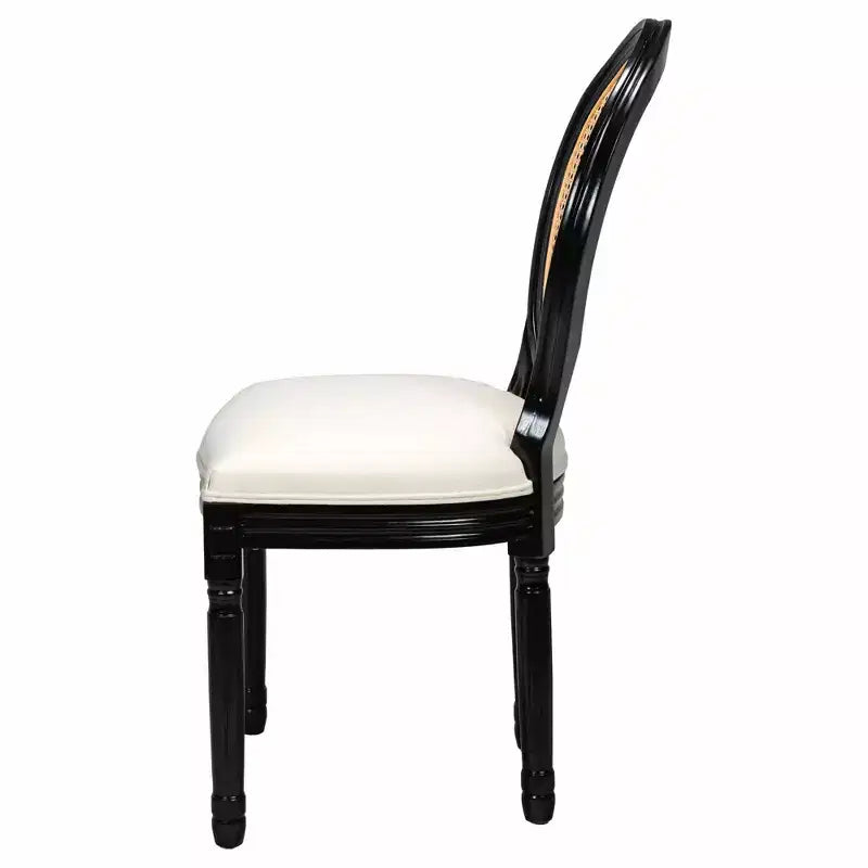 GDFStudio Bloor French Country Wood and Linen Upholstered Dining Chairs with Rattan Round Back, Set of 2