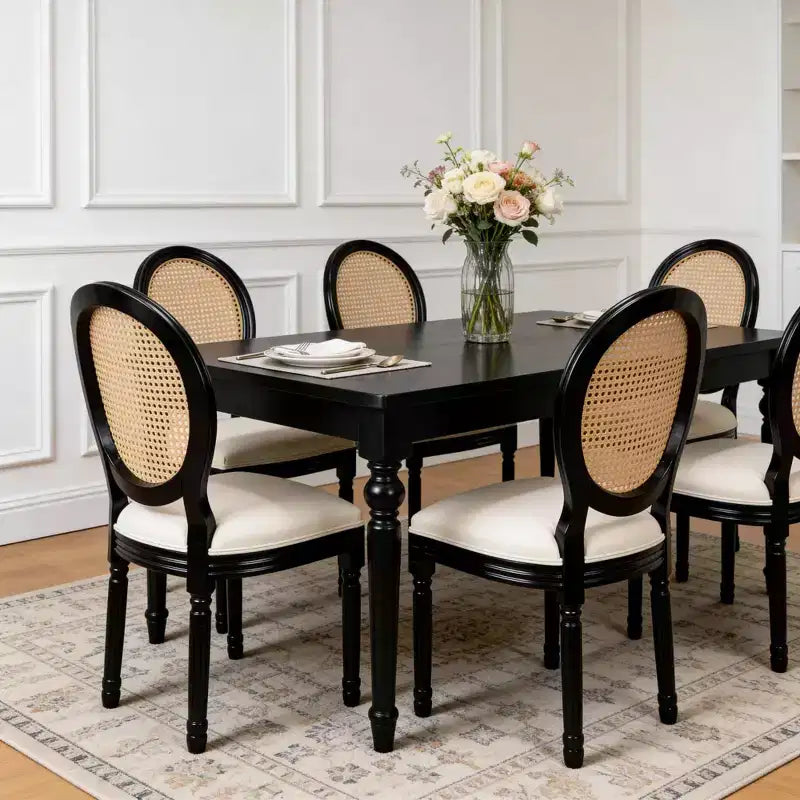 GDFStudio Bloor French Country Wood and Linen Upholstered Dining Chairs with Rattan Round Back, Set of 2